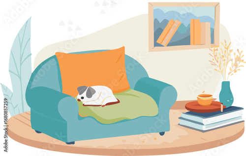 A dog peacefully sleeps on a couch in a cozy room, surrounded by soft pillows and warm lighting