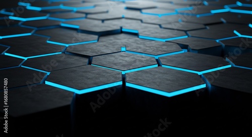 Hexagonal dark tiles with cyan glowing edges on a black surface Perspective view slightly blurred
