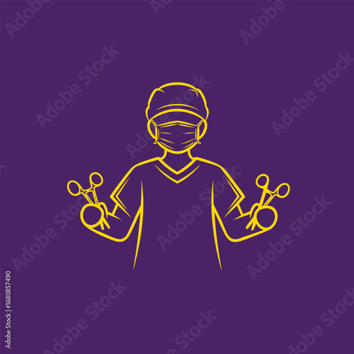 Illustration of a healthcare professional in scrubs and a mask, holding surgical tools, with a vibrant purple background
