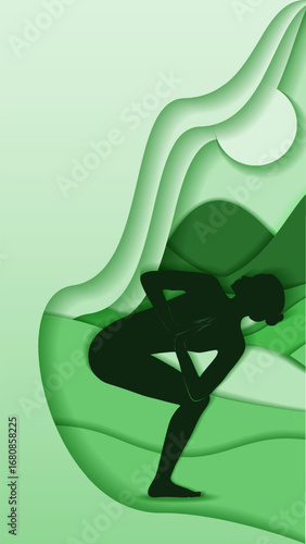 Vertical template. Parivritta Utkatasana yoga pose. Revolved Chair pose. Paper cut design. Isolated vector illustration