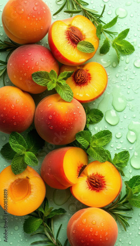 Fresh peaches with leaves and water drops on green background