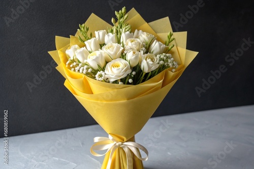 A vertical close-up of a white flower bouquet wrapped in yellow paper, ideal for Teacher's Day congratulations.