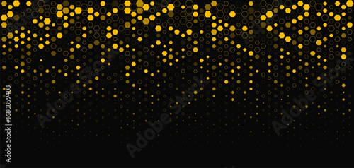 Hexagon Background Glowing Honeycomb Pattern In Yellow Black Colors for AI, Tech Digital Forum and Conference Ad Presentation. Hexagonal Modern Texture. Halftone Gradient Backdrop. Vector Abstract BG