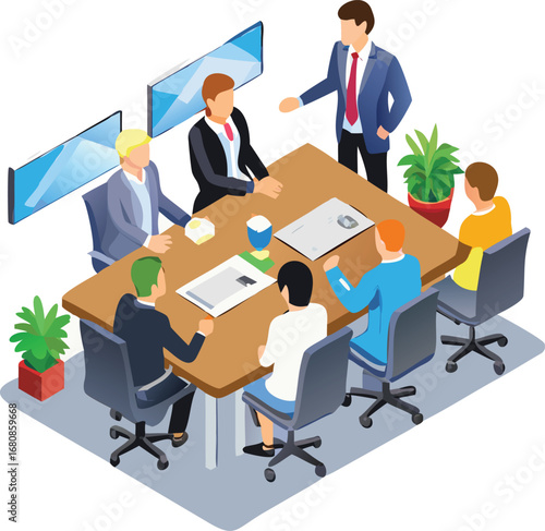 Isometric illustration of a business meeting with diverse individuals seated around a table, engaged in discussion