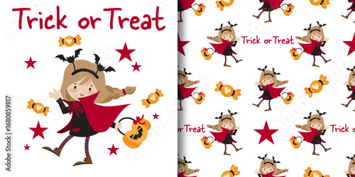 Halloween banner and seamless pattern. Little girl in Vampire costume with red cloak and bat headband holding a basket of Halloween pumpkins with Trick or Treat text, candy and stars