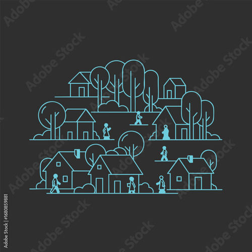 A serene village scene featuring houses and trees, with people walking leisurely through a peaceful landscape