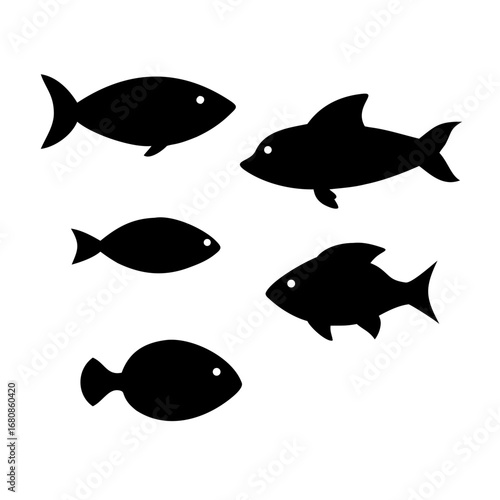 Vector art of a collection of various fish silhouettes, showcasing different species and shapes in a simple and elegant design
