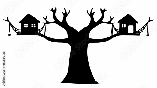 Silhouette of a tree with two treehouses connected by rope bridges on each side of the tree trunk