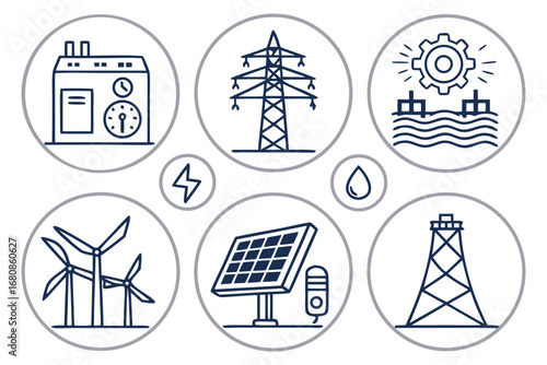 Vector art of illustration featuring icons of various energy sources, including factories, power lines, hydroelectric dams, solar panels, wind turbines, and oil rigs, representing energy production