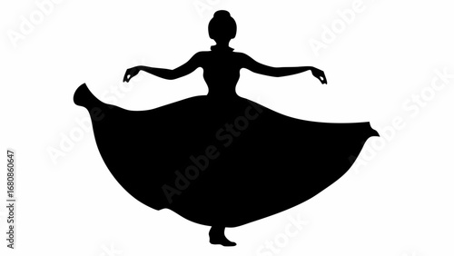 Silhouette of a woman in a large dress with arms outstretched in a dancing pose on a white background