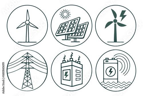 Vector art of collection of green energy icons, representing renewable sources like solar panels, wind turbines, and hydroelectric power generation