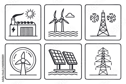 Vector art of illustration set of renewable energy sources, including solar panels, wind turbines, nuclear power, and battery storage