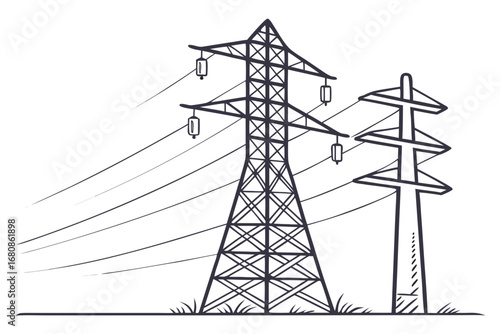 Illustration of two power line towers, showcasing electricity transmission and distribution in a simple, graphic style