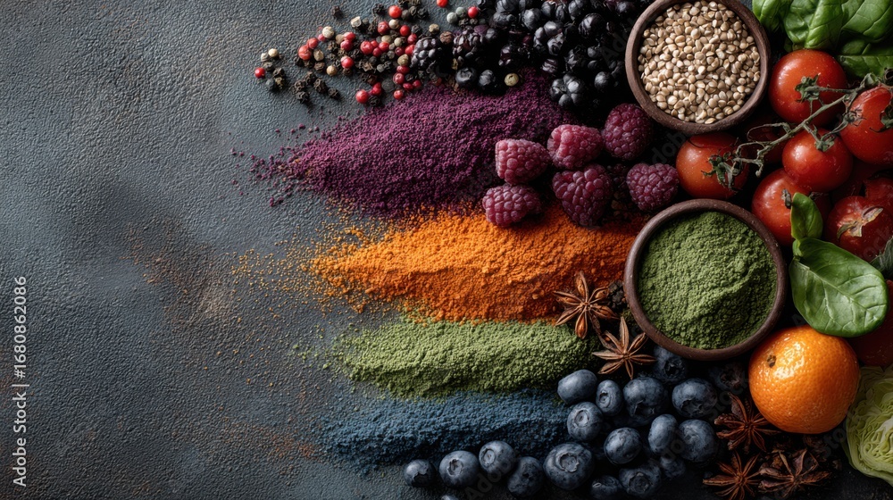 Fototapeta premium Assortment of Colorful Superfood Powders and Fresh Berries on Textured Surface berry