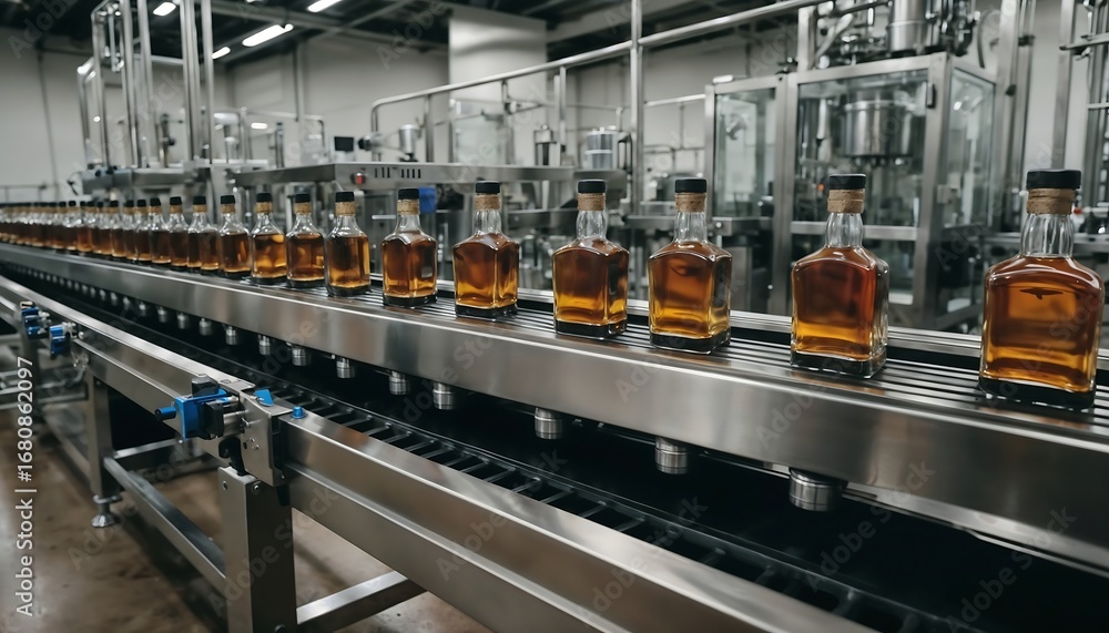 Naklejka premium Whiskey Distillery Bottling Line Production - Industrial Aesthetics