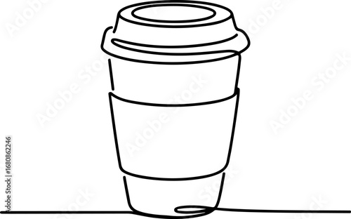 Minimalist continuous line art of a takeaway coffee cup with a lid. Simple one line drawing for cafe and beverage concepts