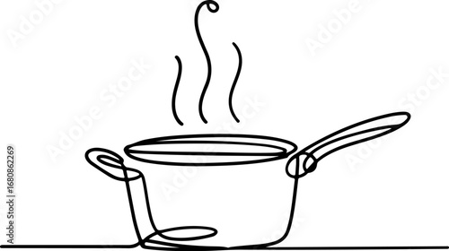 Continuous line art illustration of a hot saucepan with steam rising, a minimalist one-line drawing for cooking concepts