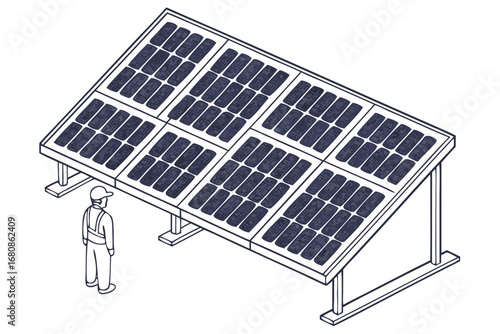 Vector art of isometric drawing of a solar panel system with a worker, showcasing renewable energy technology and sustainable power generation