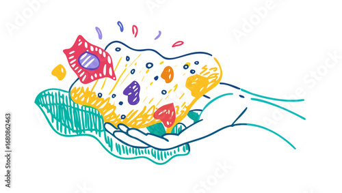 Abstract colorful shapes held in hands background bright