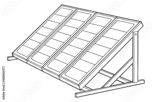Illustration of a solar panel array mounted on a frame, showcasing renewable energy technology and sustainable power generation