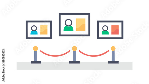 Art exhibition display with velvet rope barrier gallery