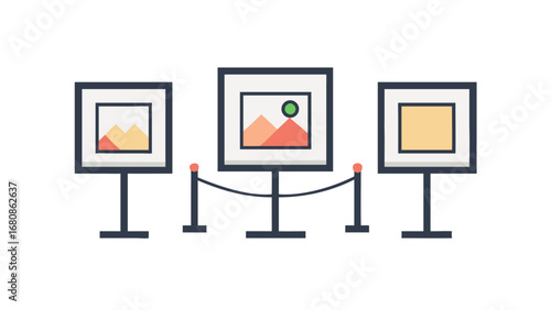 Art exhibition with paintings on stands gallery display