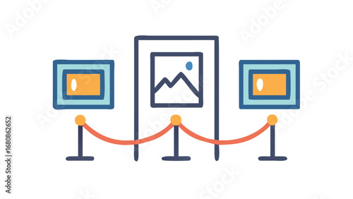 Art gallery exhibition with paintings and stanchions