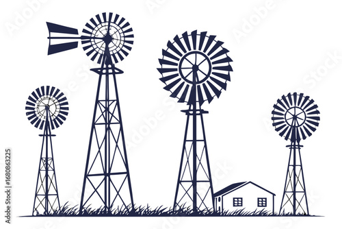 Vector art of four vintage windmills with a small house in a rural landscape, a vector illustration of a farm scene with wind power