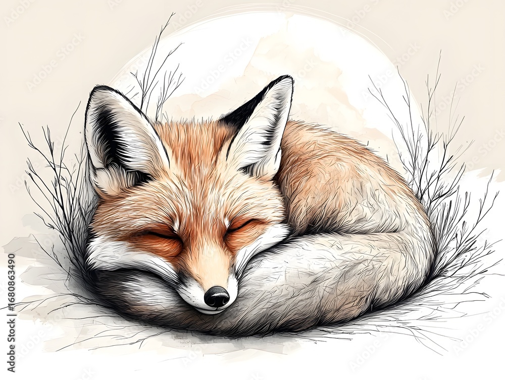 Obraz premium A peaceful sleeping fox curled up an elegant illust n in warm earthy tones with delicate line art and soft watercolor washes