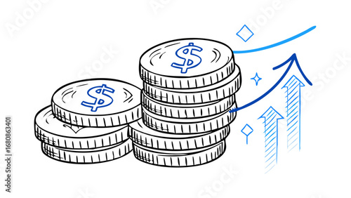 Blue dollar coins and rising arrows money finance