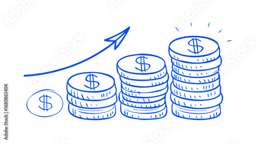 Blue dollar coins stacked with upward arrow growth