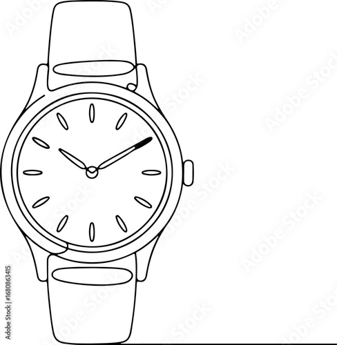 Continuous line art illustration of a classic analog wristwatch. Minimalist one line drawing of a timepiece accessory