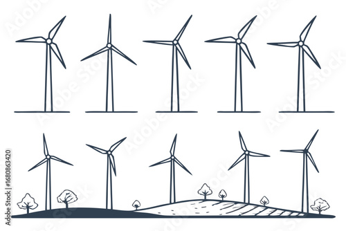 Vector art of wind turbine sketch set, featuring renewable energy sources, sustainable technology, and ecological development for clean power generation