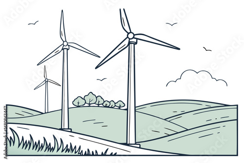 Vector art of wind turbine sketch on a hill, featuring renewable energy, sustainable technology, and ecological development for clean power