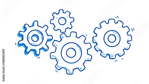 Blue gears in doodle style cogwheels mechanical
