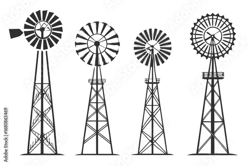 Illustration of vintage windmills, showcasing rural agriculture and historic irrigation systems