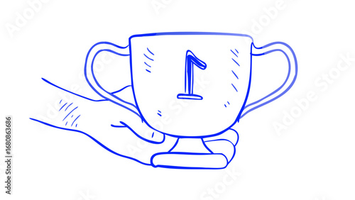 Blue trophy held by hand award winner