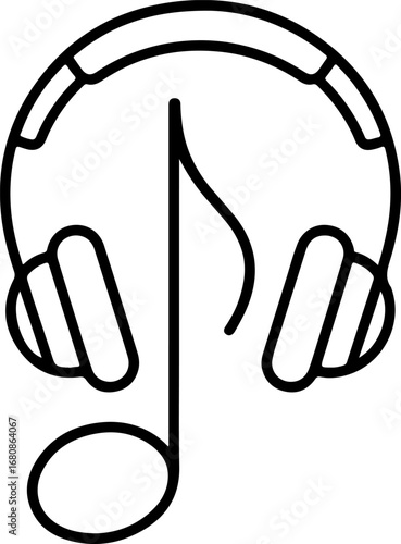 Minimalist continuous line art illustration depicting modern headphones integrated with a flowing musical note, symbolizing sound and audio enjoyment