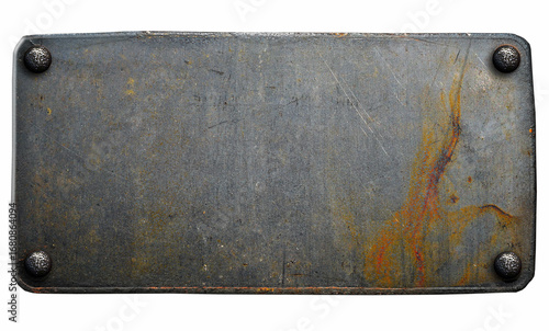 Rusty riveted metal plate on white background