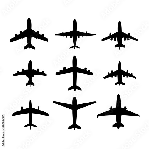 Vector art of a set of airplane silhouettes, showcasing various aircraft designs for travel, transportation, and aviation themes in a clean style