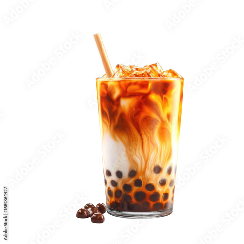 Refreshing Milk Tea with Tapioca Pearls and Striped Caramel Swirl for a Delightful Summer Beverage