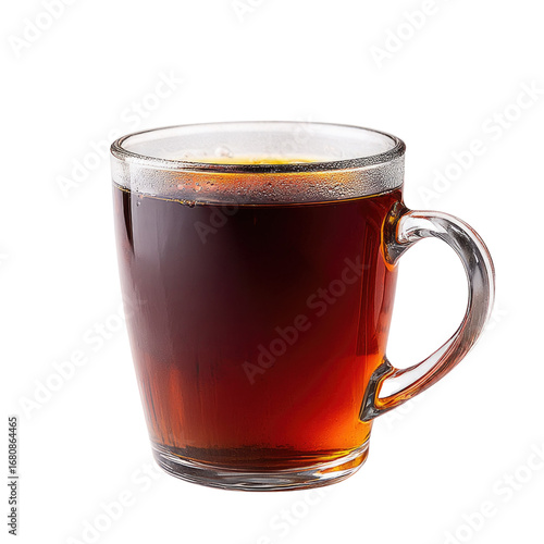 Hot Brewed Tea in a Glass Mug with Foam and Steam on a White Background for Refreshing Beverage Concept