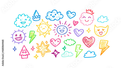Cheerful doodle icons rainbow colors vector