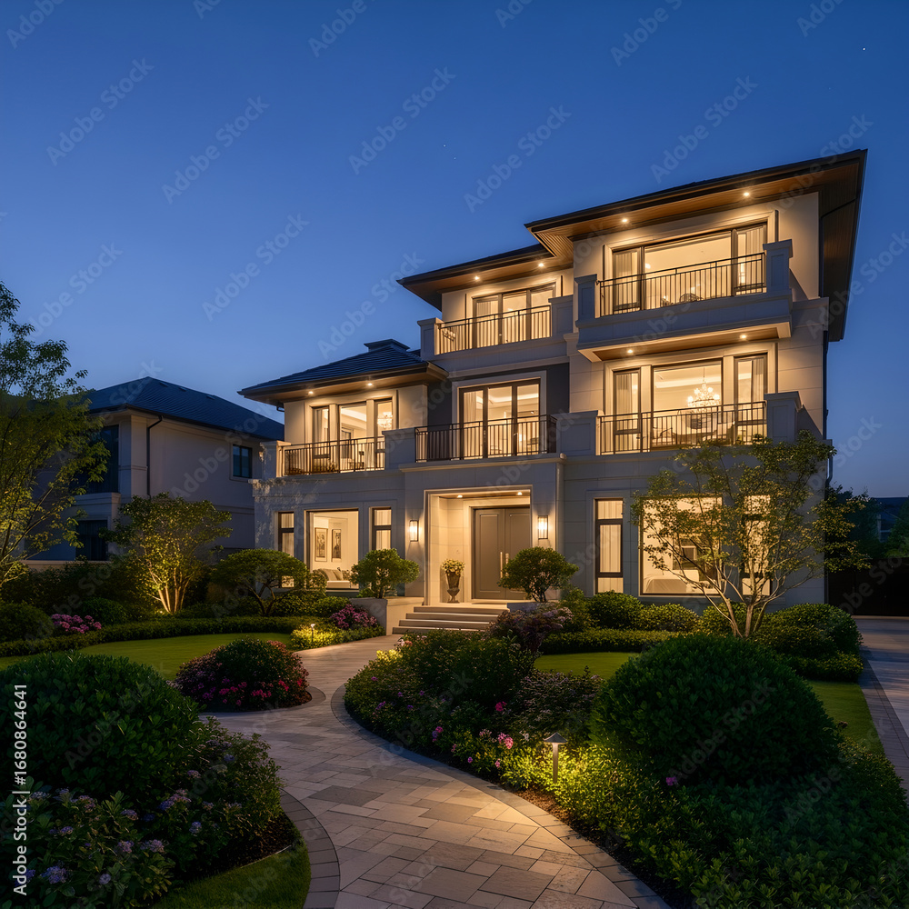 Fototapeta premium Luxurious modern house with manicured gardens and outdoor lighting at twilight, showcasing elegant architecture and inviting ambiance