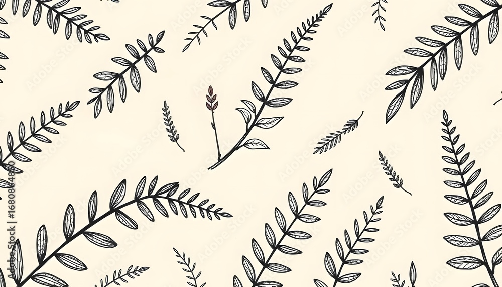 Fototapeta premium Delicate hand drawn botanical illustration of fern fronds and leaves in a repeating seamless pattern