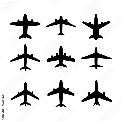 Vector art of collection of airplane silhouettes representing various aircraft types and flight patterns for aviation and transportation themes