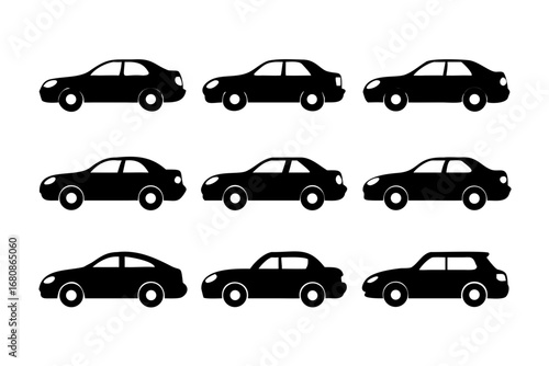 Vector art of set of car silhouettes, showcasing various automobile body styles for transportation and design purposes