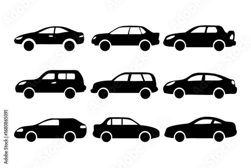 Vector art of set of different car body types various vehicle silhouettes, including sedan, hatchback, coupe, suv, and wagon for transportation design