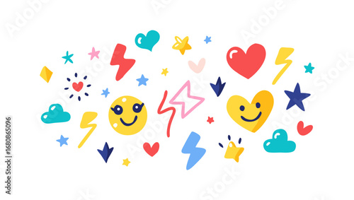 Colorful cartoon shapes hearts stars and lightning bolts