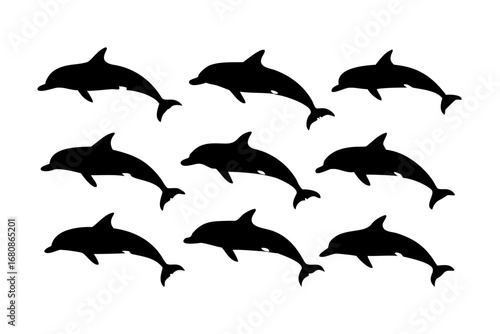 Vector art of group of dolphin silhouettes marine mammal icons for ocean life and conservation design projects, representing aquatic wildlife